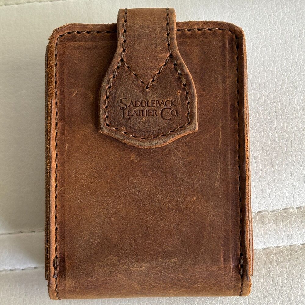 Saddleback Leather Tabacco Playing Card Case Holder Brown Leather w Bicycle Deck